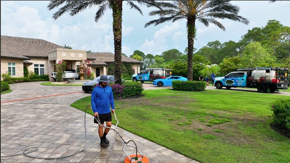 Professional walkway cleaning in Naples, FL improving home safety and security by removing slippery debris, mold, and dirt from concrete and paver surfaces.