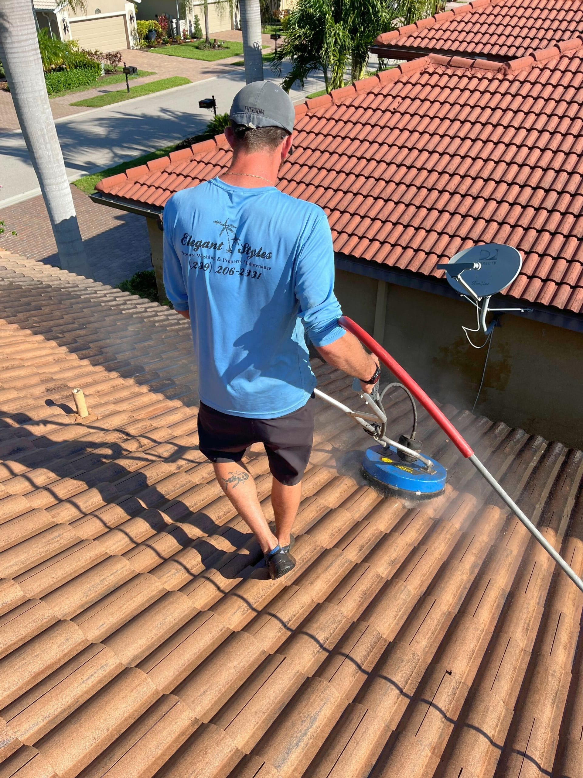 Eco-friendly roof cleaning service in Naples FL using biodegradable soft wash solution.