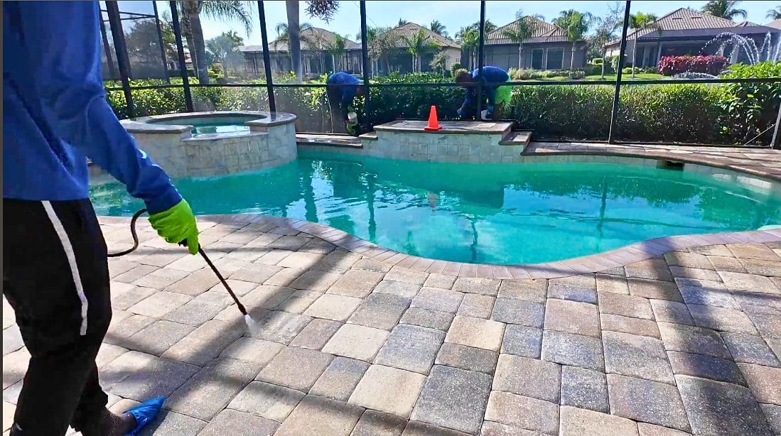 Professional pool cage cleaning in Naples, FL focused on preventative maintenance to prevent algae, rust, and damage using eco-friendly pressure washing techniques.