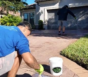 Professional paver sealing in Naples, Florida with balanced pH cleaning solutions for long-lasting protection.