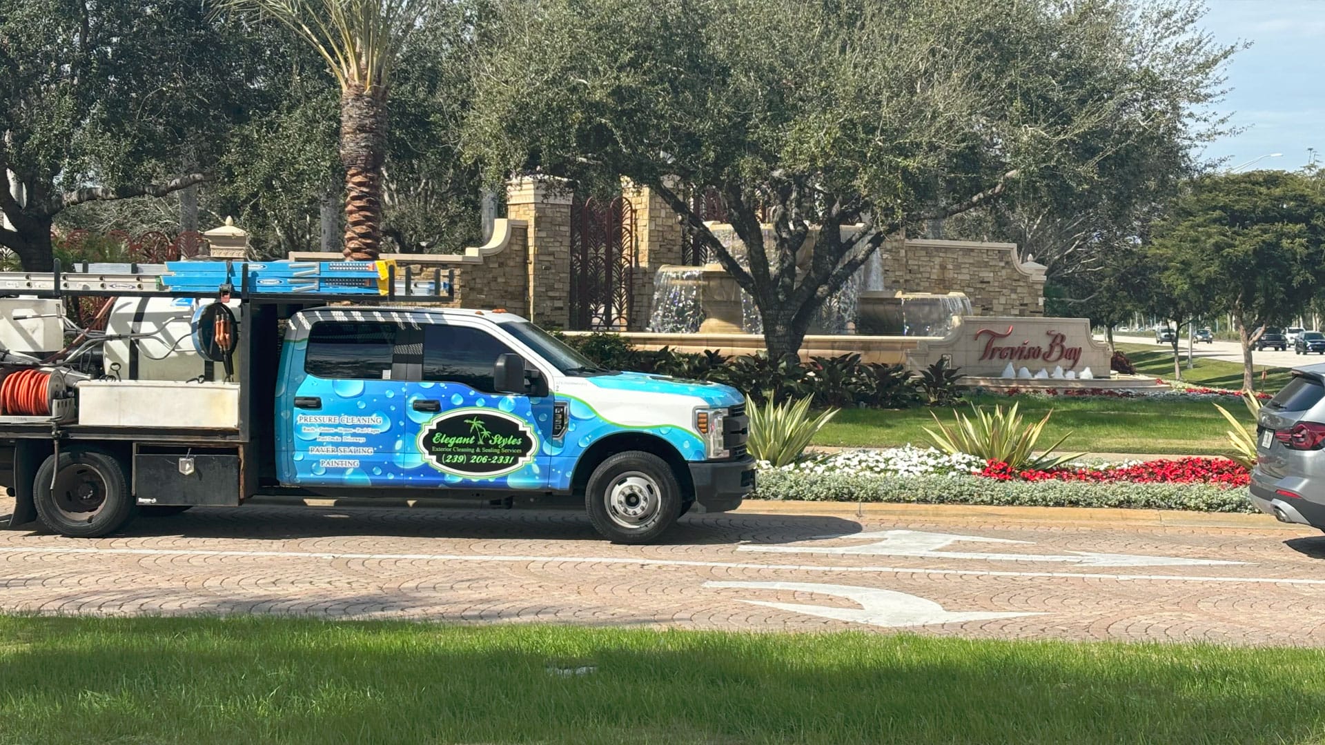 Exterior cleaning services in Treviso Bay, FL by Elegant Styles Power Washing, including power washing, paver sealing, and roof cleaning.