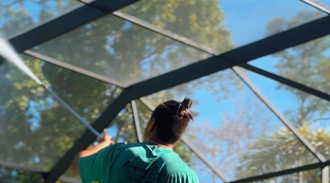 Professional pool cage cleaning in Naples FL by Elegant Styles Power Washing, enhancing outdoor security and curb appeal."